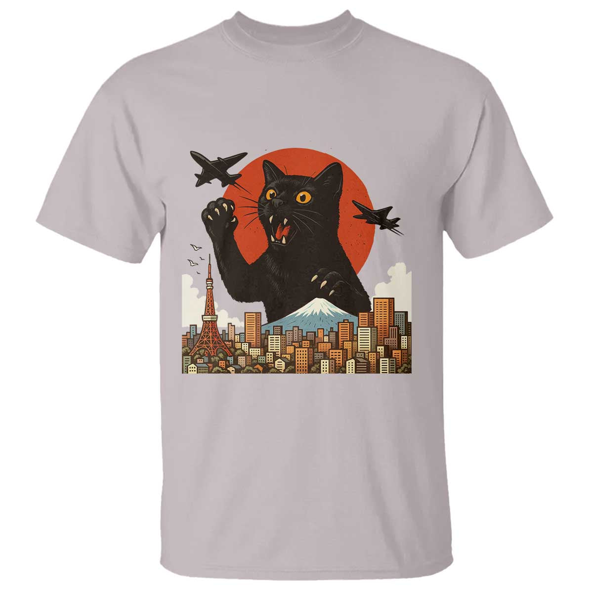 Funny Giant Cat Monster Roaring Tokyo Japan T Shirt TS12 Ice Gray Print Your Wear