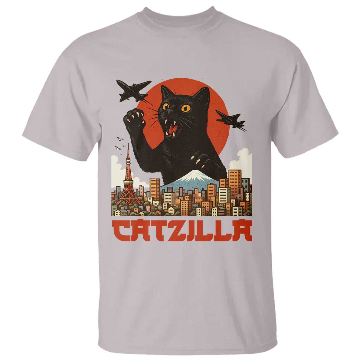 Catzilla T Shirt Funny Giant Cat Monster Roaring Tokyo Japan TS12 Ice Gray Print Your Wear