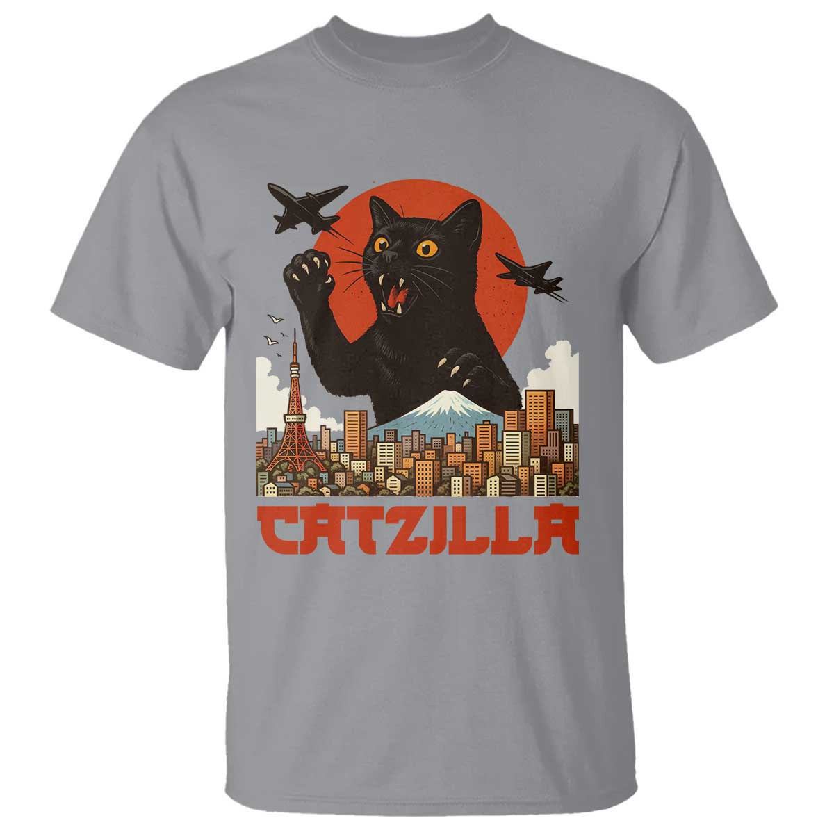 Catzilla T Shirt Funny Giant Cat Monster Roaring Tokyo Japan TS12 Sport Gray Print Your Wear