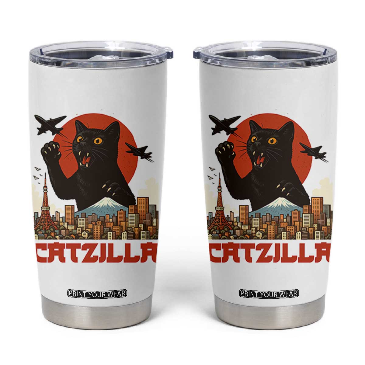 Catzilla Tumbler Cup Funny Giant Cat Monster Roaring Tokyo Japan TS12 White Print Your Wear