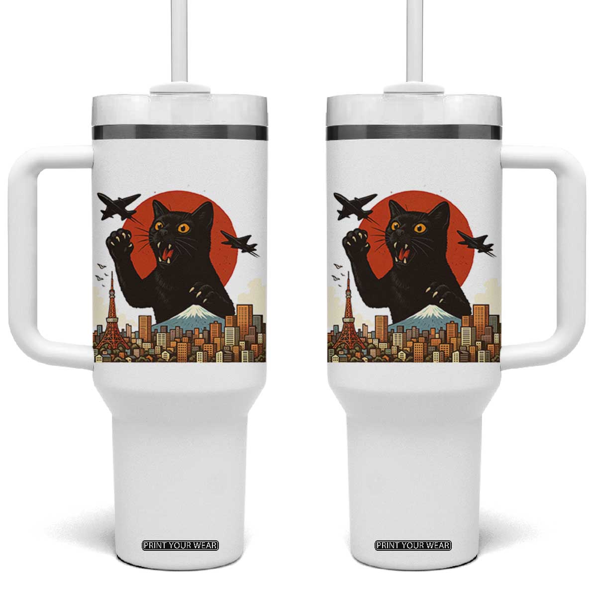 Funny Giant Cat Monster Roaring Tokyo Japan Tumbler With Handle TS12 One Size: 40 oz White Print Your Wear