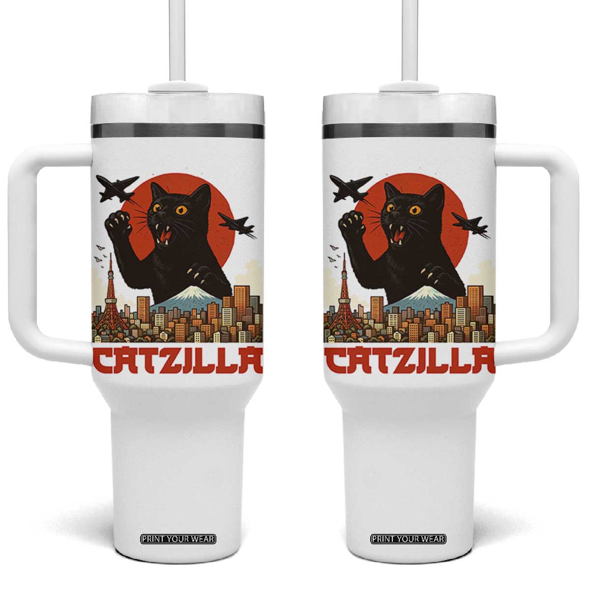Catzilla Tumbler With Handle Funny Giant Cat Monster Roaring Tokyo Japan TS12 One Size: 40 oz White Print Your Wear