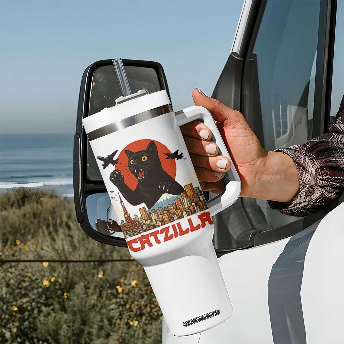Catzilla Tumbler With Handle Funny Giant Cat Monster Roaring Tokyo Japan TS12 Print Your Wear