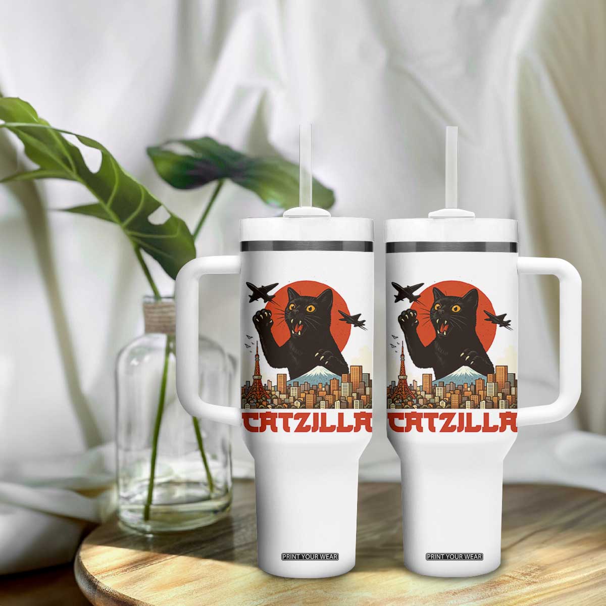 Catzilla Tumbler With Handle Funny Giant Cat Monster Roaring Tokyo Japan TS12 Print Your Wear