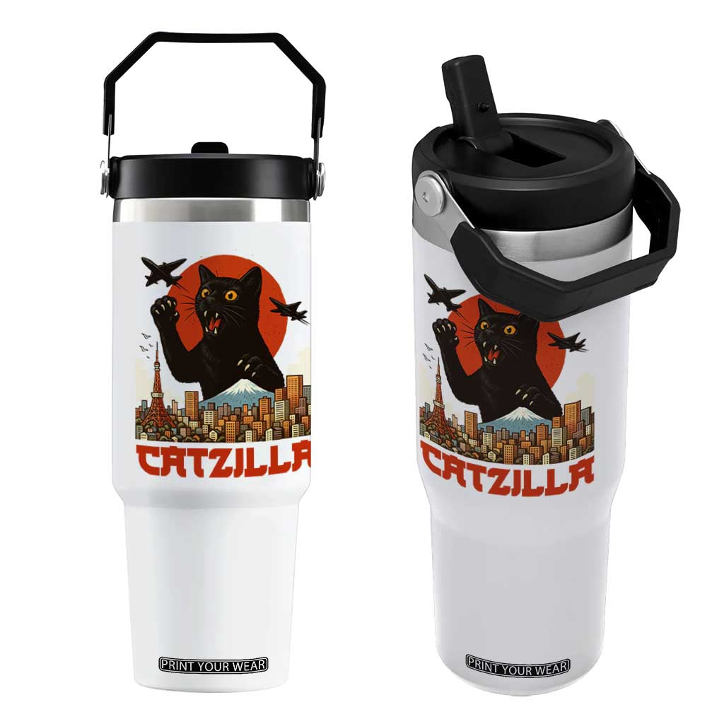Catzilla Flip Straw Tumbler Funny Giant Cat Monster Roaring Tokyo Japan TS12 One Size: 30 oz White Print Your Wear