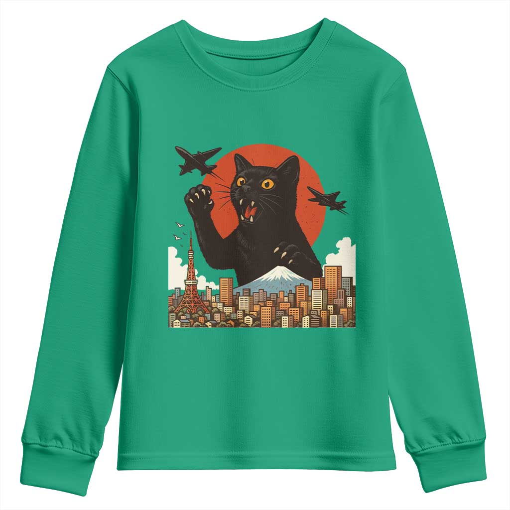 Funny Giant Cat Monster Roaring Tokyo Japan Youth Sweatshirt TS12 Irish Green Print Your Wear