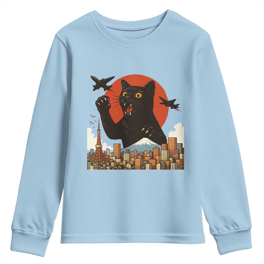 Funny Giant Cat Monster Roaring Tokyo Japan Youth Sweatshirt TS12 Light Blue Print Your Wear
