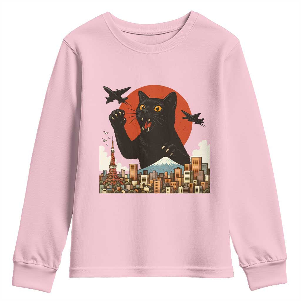 Funny Giant Cat Monster Roaring Tokyo Japan Youth Sweatshirt TS12 Light Pink Print Your Wear