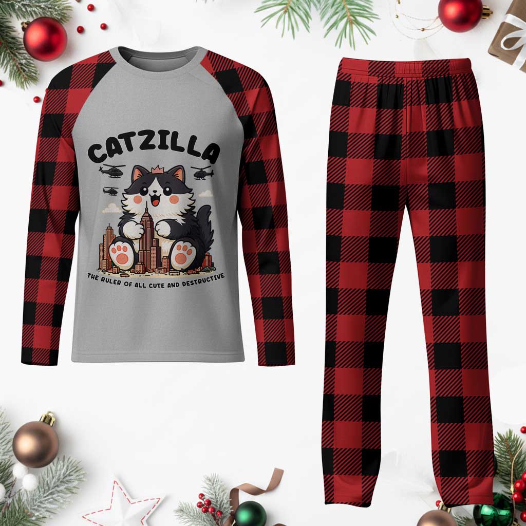 Cute Catzilla Plaid Pajama Set The Ruler Of All Cute And Destructive Funny TS12 Buffalo Plaid Print Your Wear