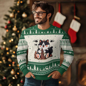 Funny Giant Cat Monster Invades City Ugly Christmas Sweater Cat Lover Gift TS12 Beige Green Print Your Wear