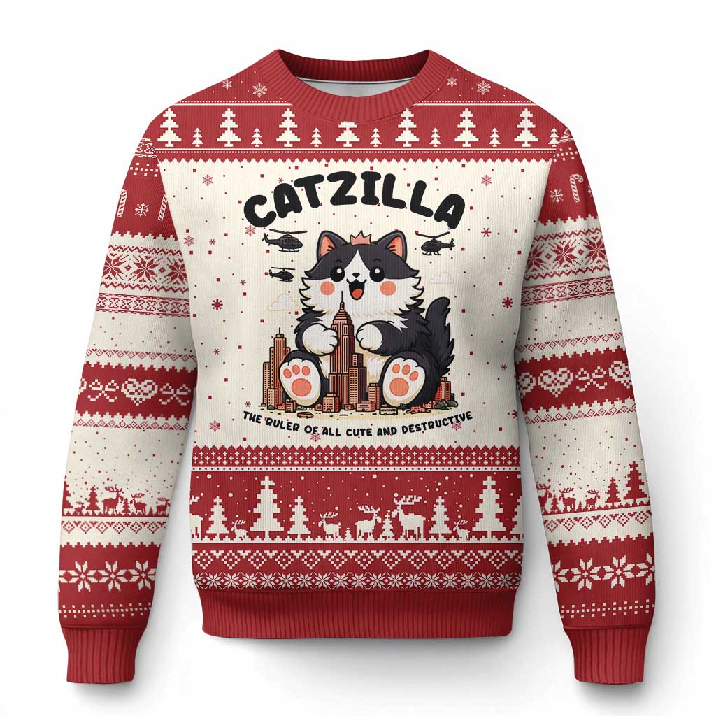 Cute Catzilla Ugly Christmas Sweater The Ruler Of All Cute And Destructive Funny TS12 Beige Red Print Your Wear
