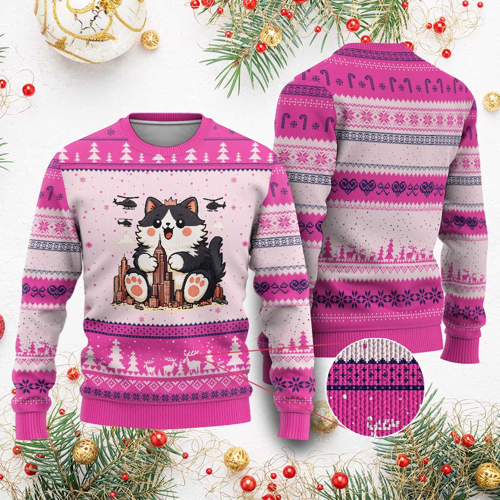 Funny Giant Cat Monster Invades City Ugly Christmas Sweater Cat Lover Gift TS12 Hot Pink Print Your Wear