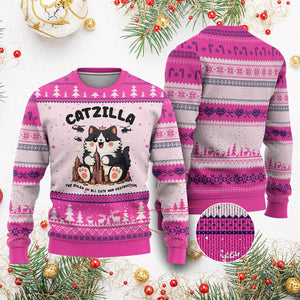 Cute Catzilla Ugly Christmas Sweater The Ruler Of All Cute And Destructive Funny TS12 Hot Pink Print Your Wear