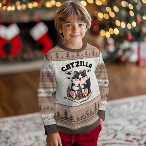 Cute Catzilla Ugly Christmas Sweater The Ruler Of All Cute And Destructive Funny TS12 Mocha Mousse Print Your Wear