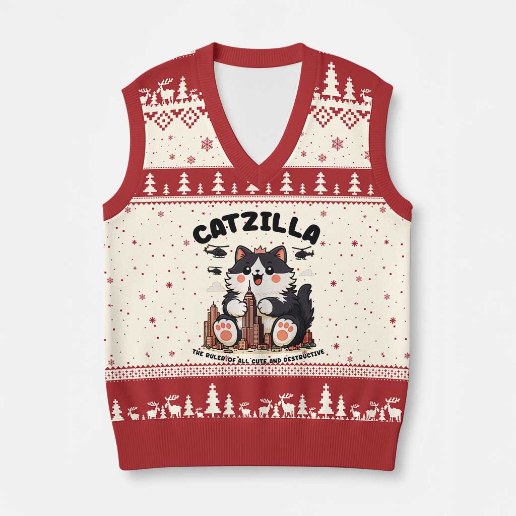 Cute Catzilla V-Neck Knit Sweater Vest The Ruler Of All Cute And Destructive Funny TS12 Beige Red Print Your Wear