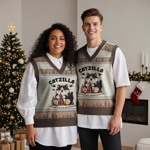 Cute Catzilla V-Neck Knit Sweater Vest The Ruler Of All Cute And Destructive Funny TS12 Mocha Mousse Print Your Wear