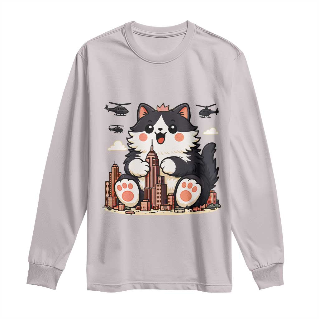 Funny Giant Cat Monster Invades City Long Sleeve Shirt Cat Lover Gift TS12 Ice Gray Print Your Wear
