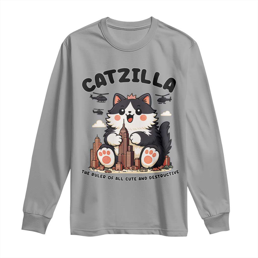 Cute Catzilla Long Sleeve Shirt The Ruler Of All Cute And Destructive Funny TS12 Sport Gray Print Your Wear