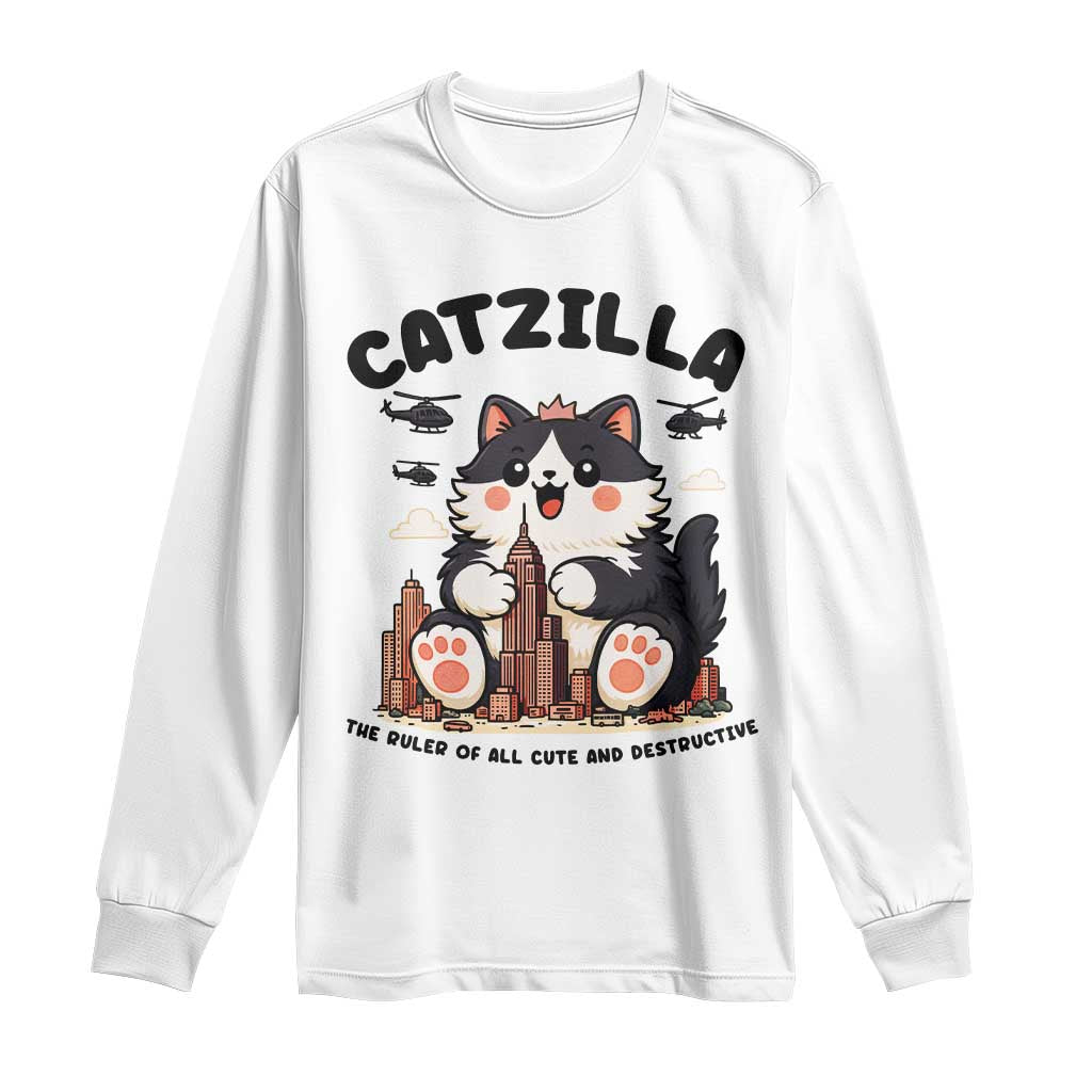 Cute Catzilla Long Sleeve Shirt The Ruler Of All Cute And Destructive Funny TS12 White Print Your Wear