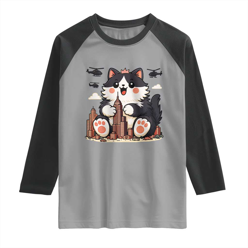 Funny Giant Cat Monster Invades City Raglan Shirt Cat Lover Gift TS12 Sport Gray Black Print Your Wear