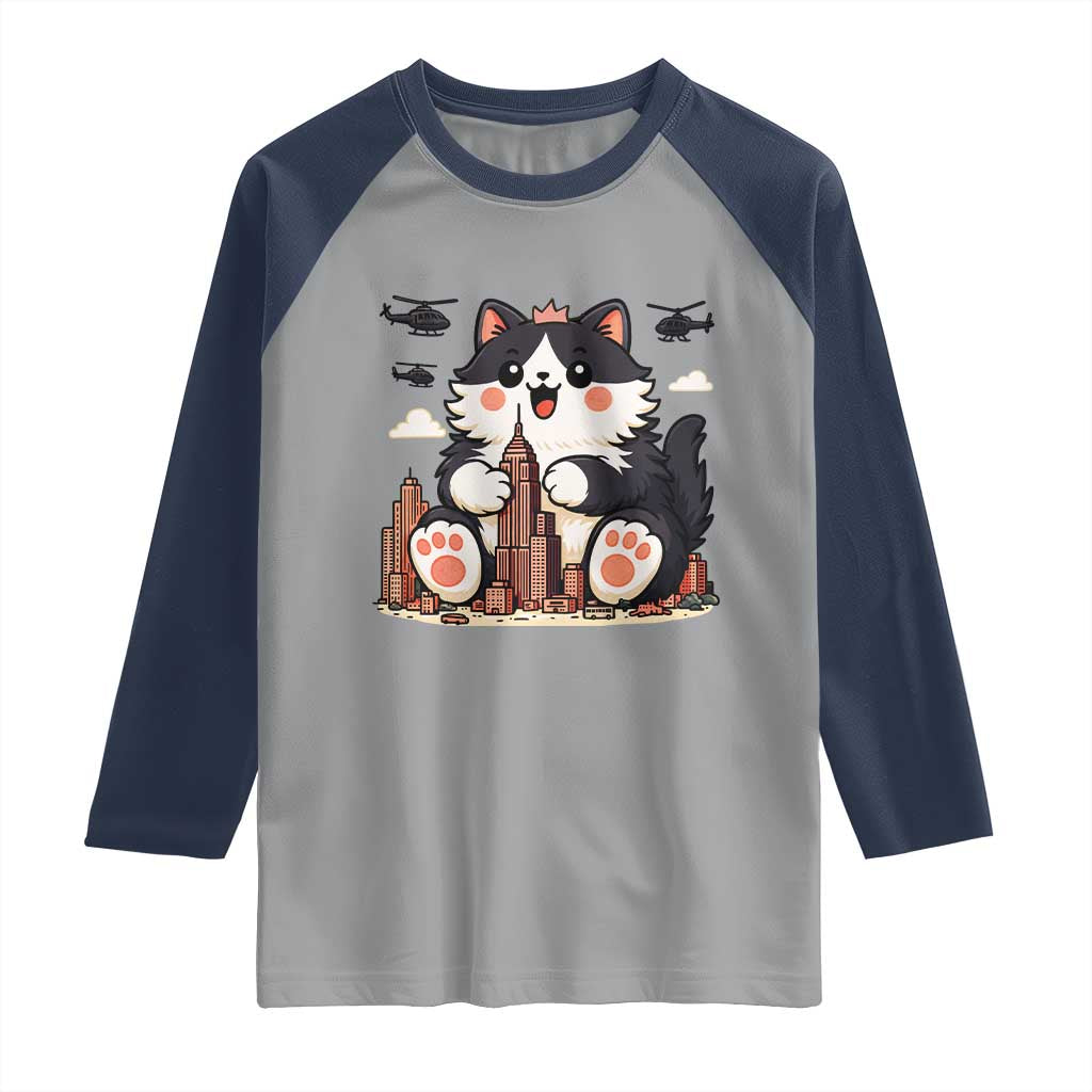Funny Giant Cat Monster Invades City Raglan Shirt Cat Lover Gift TS12 Sport Gray Navy Print Your Wear