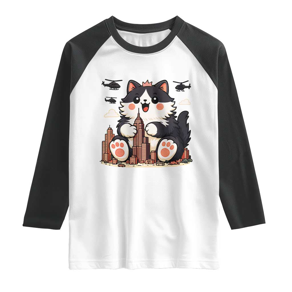Funny Giant Cat Monster Invades City Raglan Shirt Cat Lover Gift TS12 White Black Print Your Wear