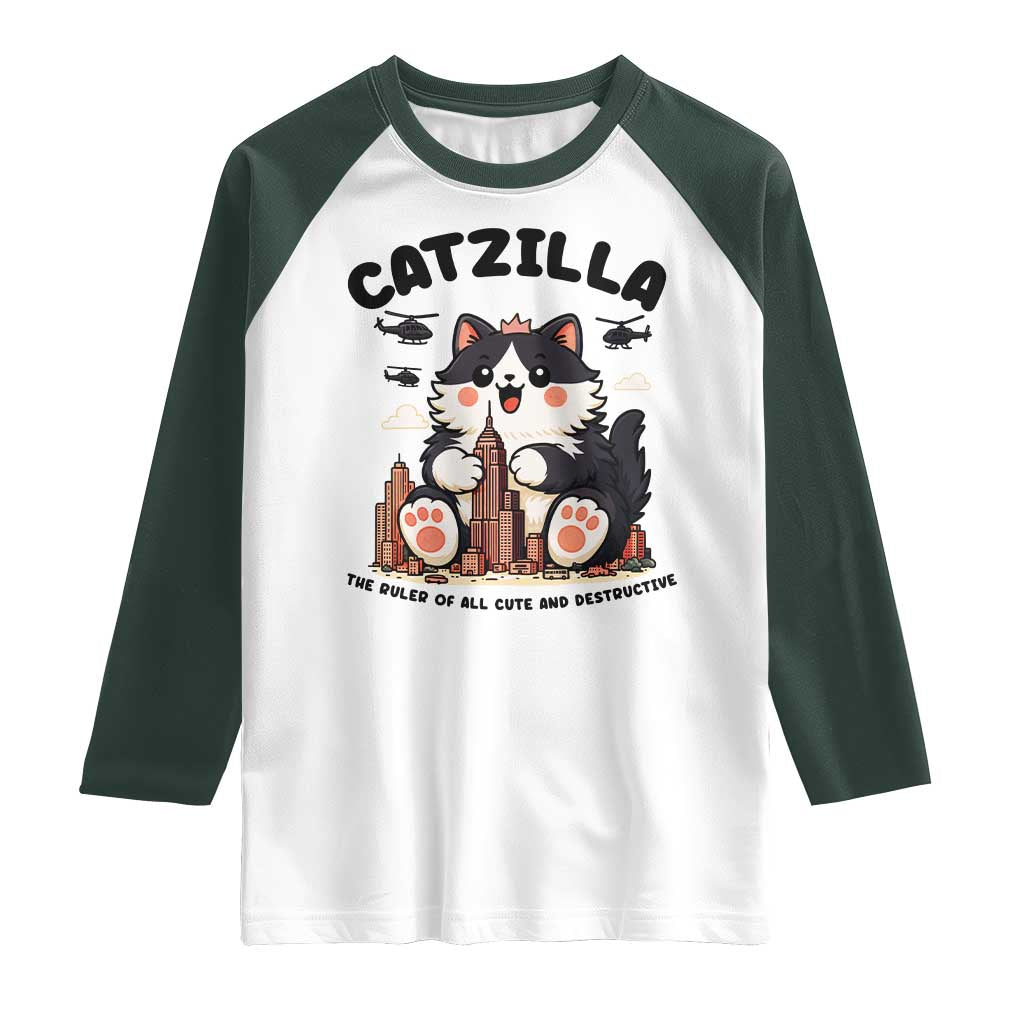 Cute Catzilla Raglan Shirt The Ruler Of All Cute And Destructive Funny TS12 White Dark Forest Green Print Your Wear