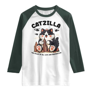 Cute Catzilla Raglan Shirt The Ruler Of All Cute And Destructive Funny TS12 White Dark Forest Green Print Your Wear