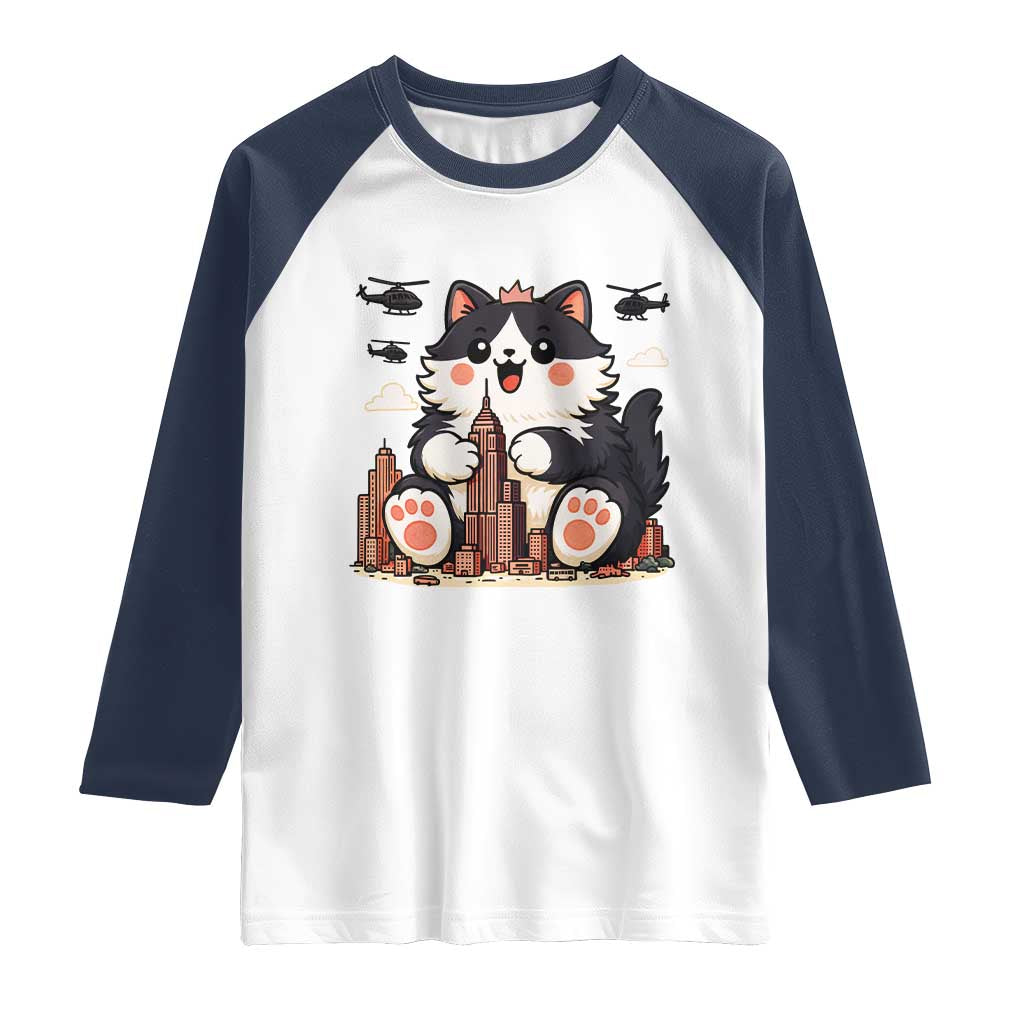 Funny Giant Cat Monster Invades City Raglan Shirt Cat Lover Gift TS12 White Navy Print Your Wear