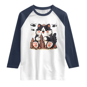 Funny Giant Cat Monster Invades City Raglan Shirt Cat Lover Gift TS12 White Navy Print Your Wear