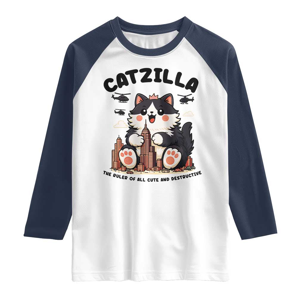 Cute Catzilla Raglan Shirt The Ruler Of All Cute And Destructive Funny TS12 White Navy Print Your Wear