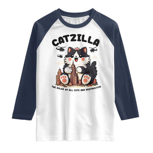 Cute Catzilla Raglan Shirt The Ruler Of All Cute And Destructive Funny TS12 White Navy Print Your Wear