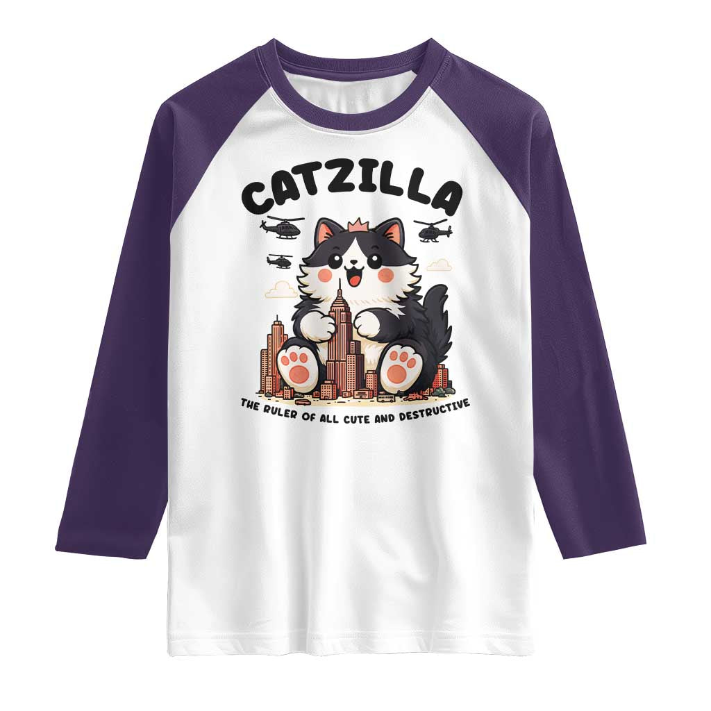 Cute Catzilla Raglan Shirt The Ruler Of All Cute And Destructive Funny TS12 White Purple Print Your Wear