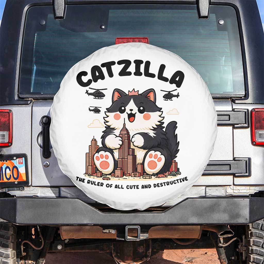 Cute Catzilla Spare Tire Cover The Ruler Of All Cute And Destructive Funny TS12 No hole White Print Your Wear