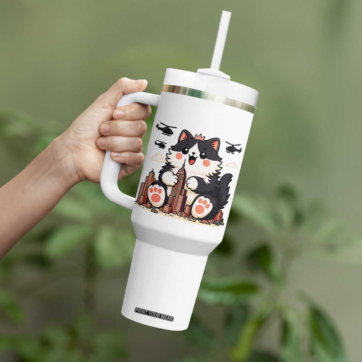Funny Giant Cat Monster Invades City Tumbler With Handle Cat Lover Gift TS12 Print Your Wear