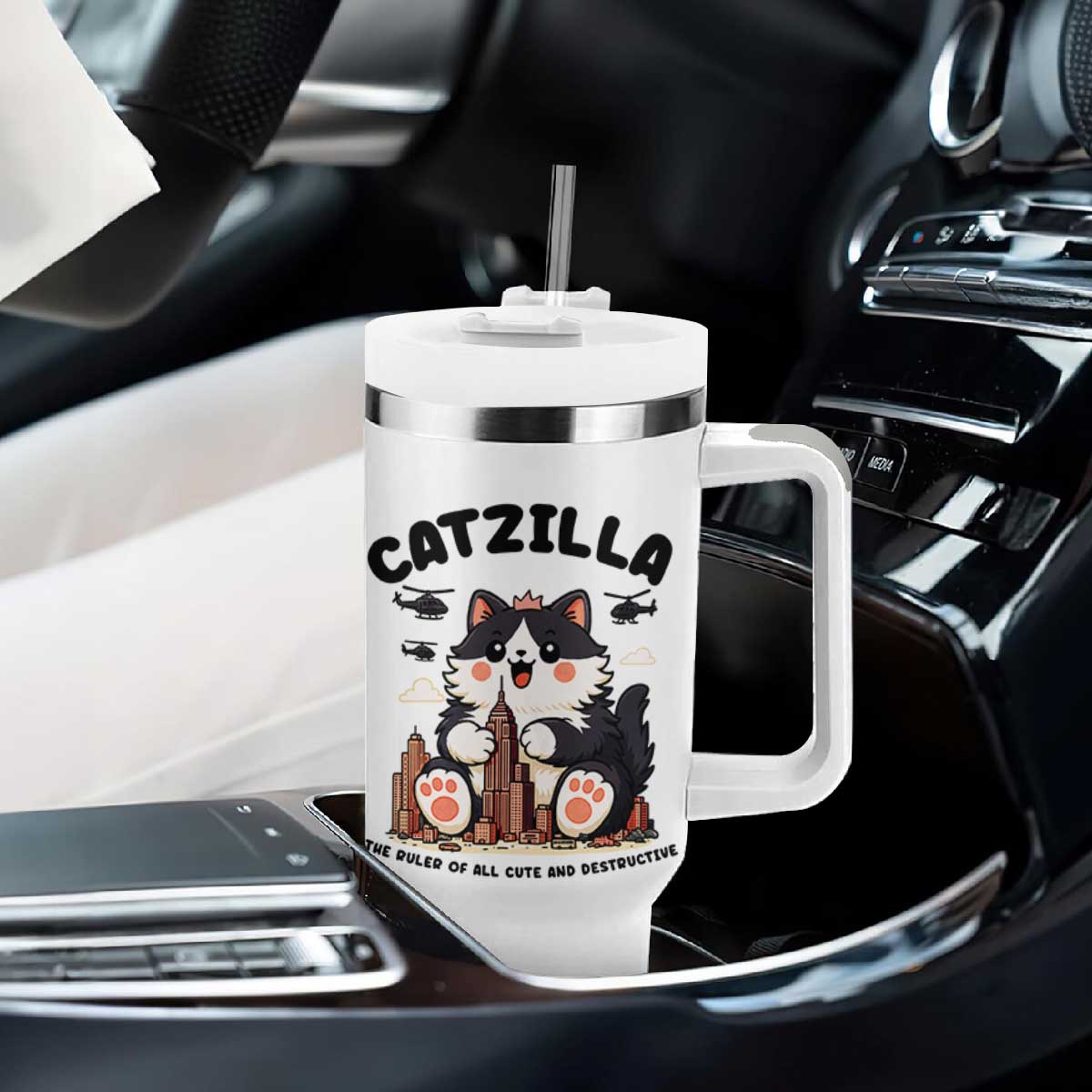 Cute Catzilla Tumbler With Handle The Ruler Of All Cute And Destructive Funny TS12 Print Your Wear