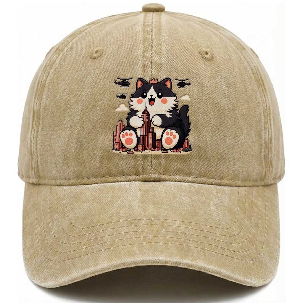Funny Giant Cat Monster Invades City Washed Cotton Baseball Cap Cat Lover Gift TS12 Print Your Wear