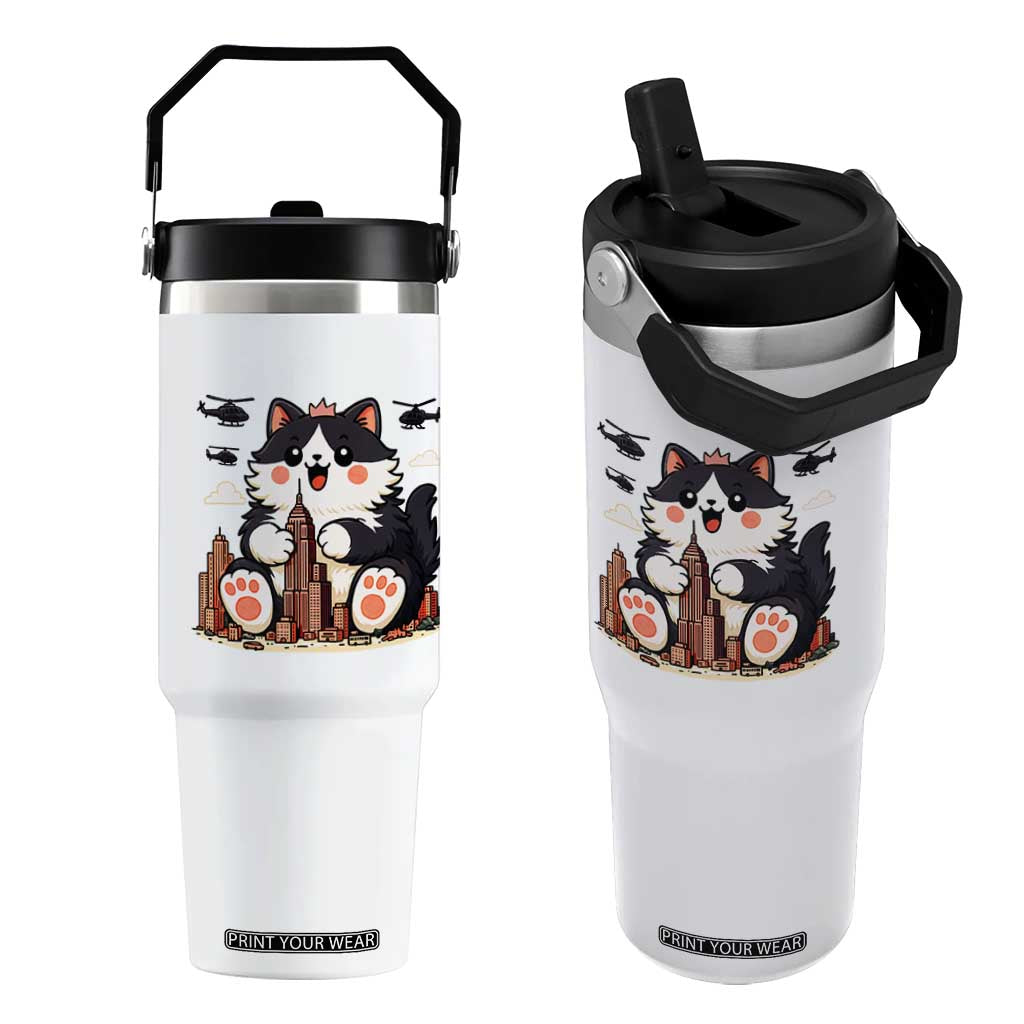 Funny Giant Cat Monster Invades City Flip Straw Tumbler Cat Lover Gift TS12 One Size: 30 oz White Print Your Wear