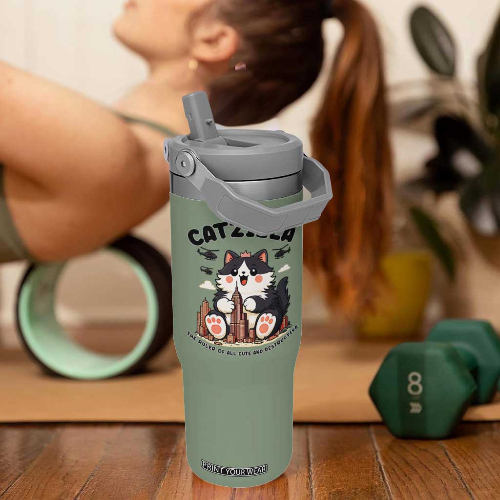 Cute Catzilla Flip Straw Tumbler The Ruler Of All Cute And Destructive Funny TS12 One Size: 30 oz Moss Green Print Your Wear