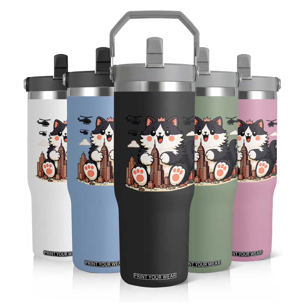 Funny Giant Cat Monster Invades City Flip Straw Tumbler Cat Lover Gift TS12 Print Your Wear