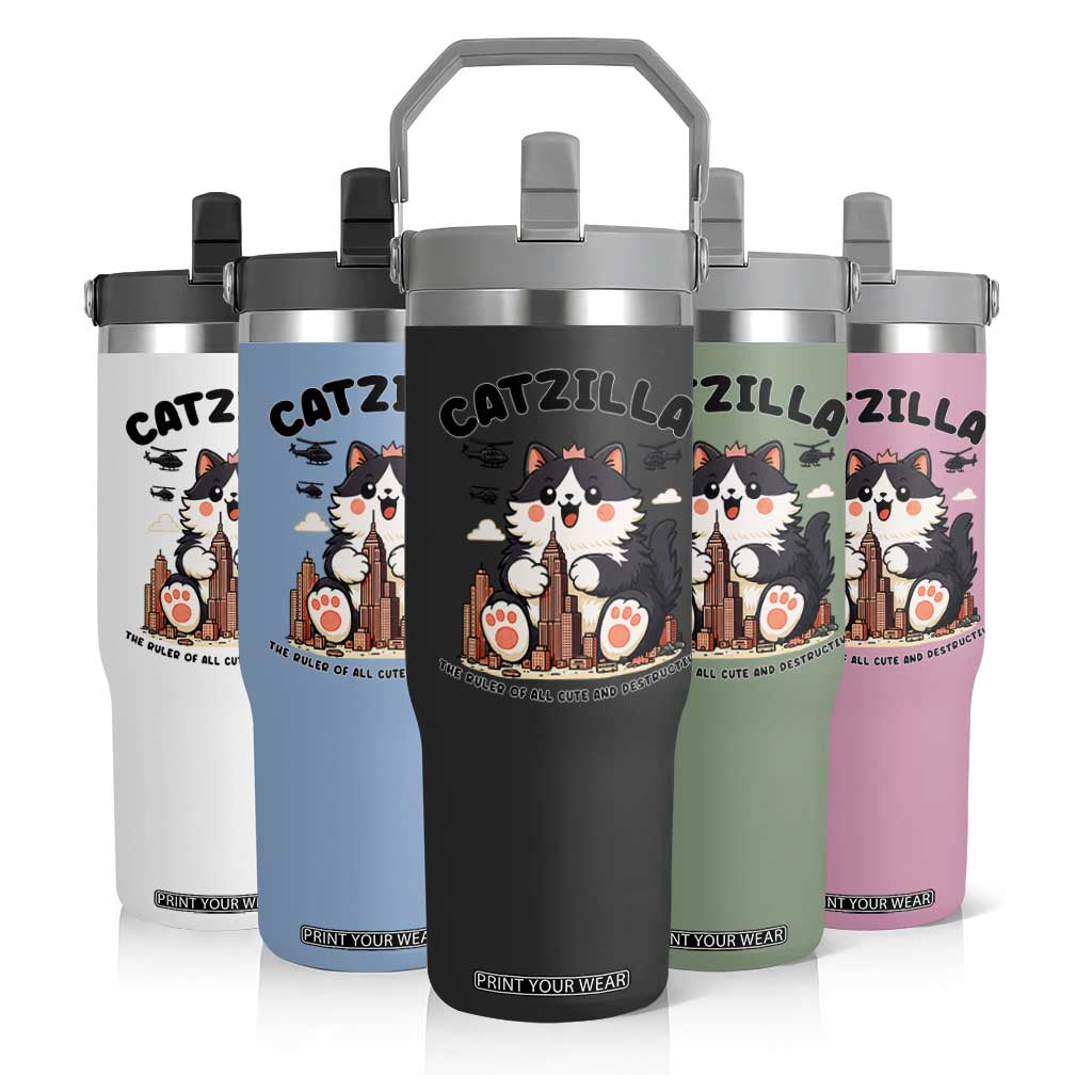 Cute Catzilla Flip Straw Tumbler The Ruler Of All Cute And Destructive Funny TS12 Print Your Wear