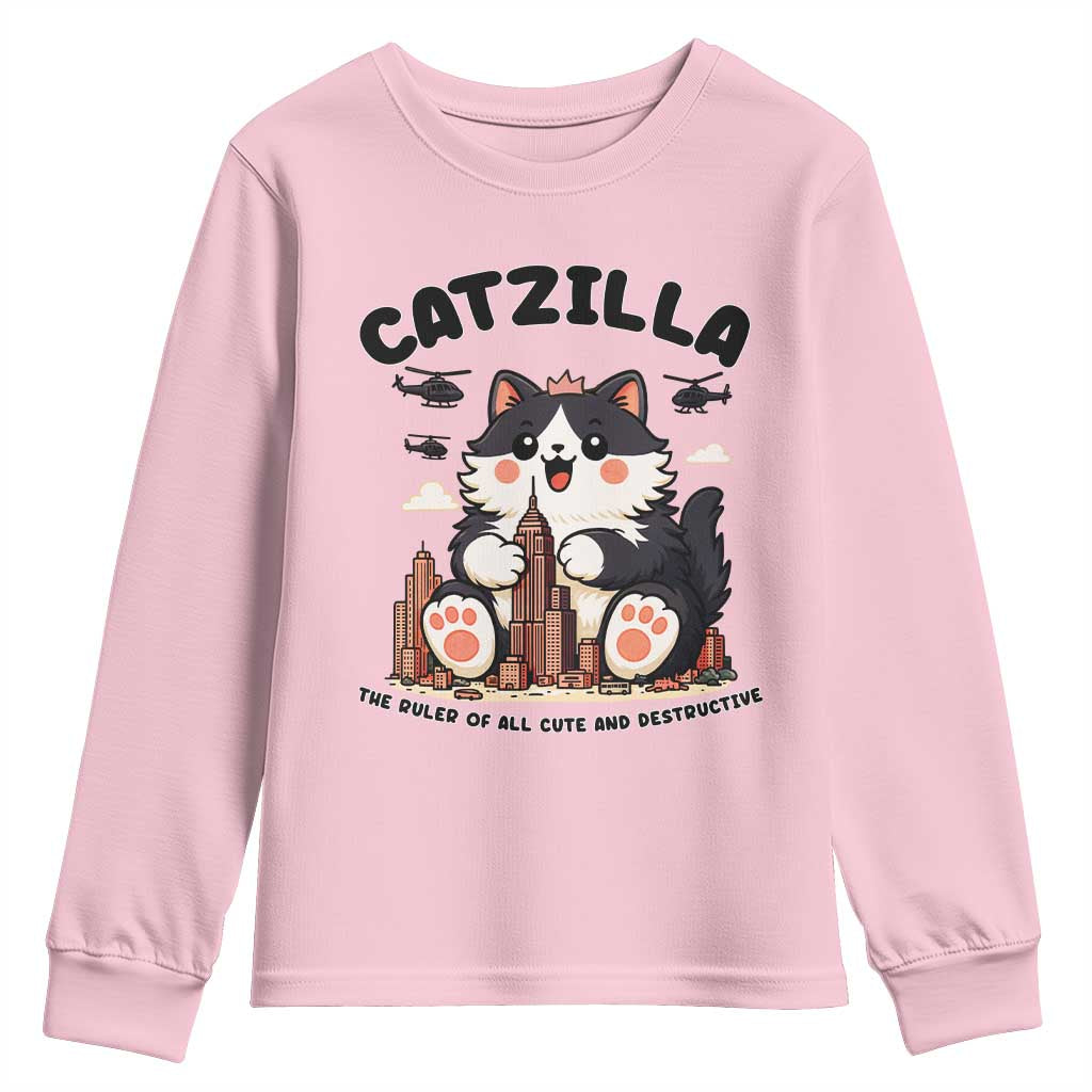 Cute Catzilla Youth Sweatshirt The Ruler Of All Cute And Destructive Funny TS12 Light Pink Print Your Wear