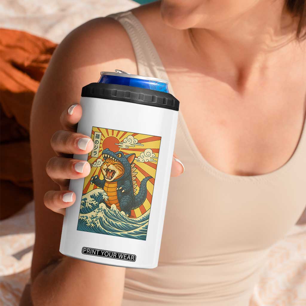 Catzilla 4 in 1 Can Cooler Tumbler Kawaii Cat Monster Japanese Sun Wave Art TS12 Print Your Wear