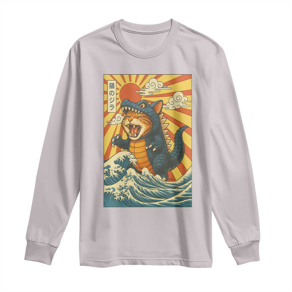Kawaii Cat Monster Japanese Sun Wave Art Long Sleeve Shirt TS12 Ice Gray Print Your Wear
