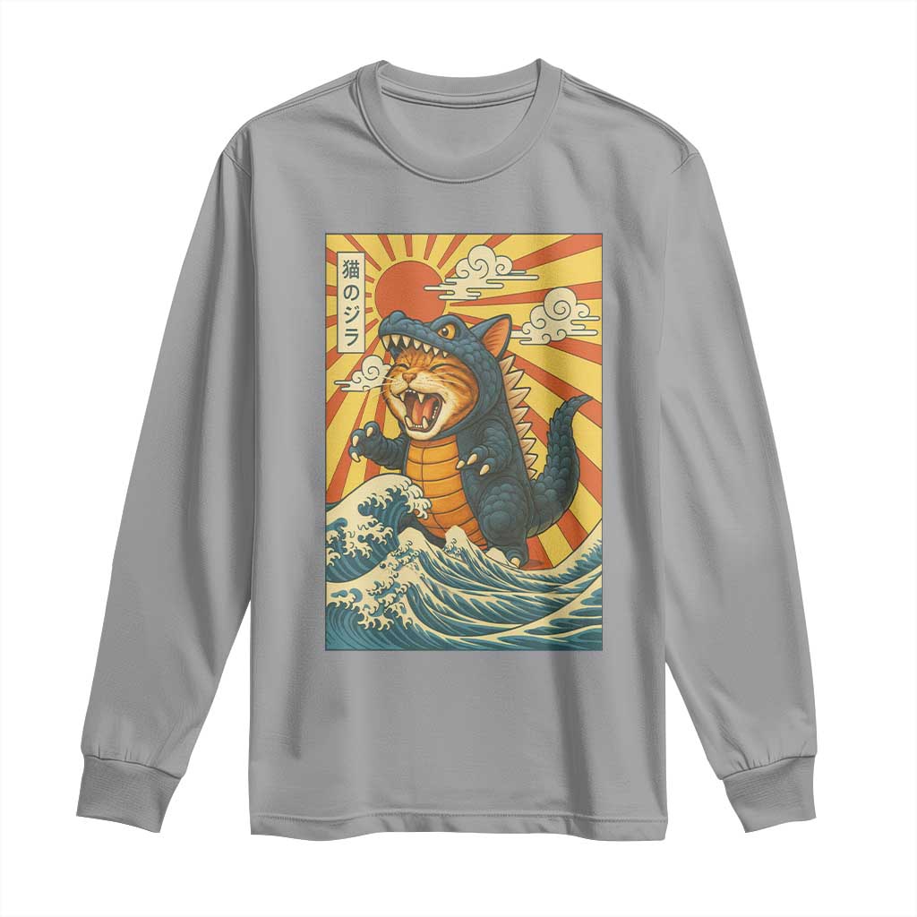 Kawaii Cat Monster Japanese Sun Wave Art Long Sleeve Shirt TS12 Sport Gray Print Your Wear