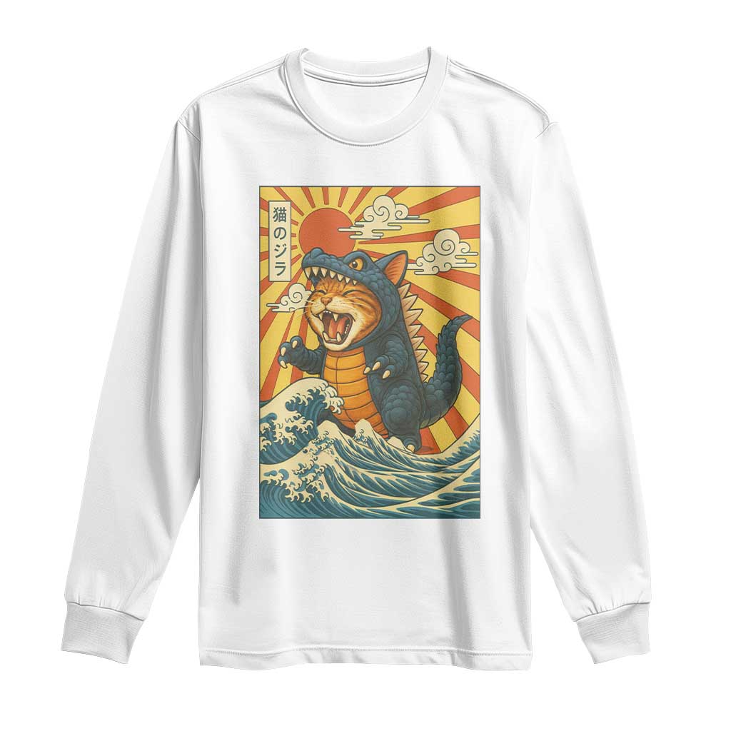 Catzilla Long Sleeve Shirt Kawaii Cat Monster Japanese Sun Wave Art TS12 White Print Your Wear