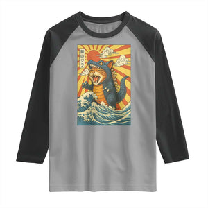 Kawaii Cat Monster Japanese Sun Wave Art Raglan Shirt TS12 Sport Gray Black Print Your Wear