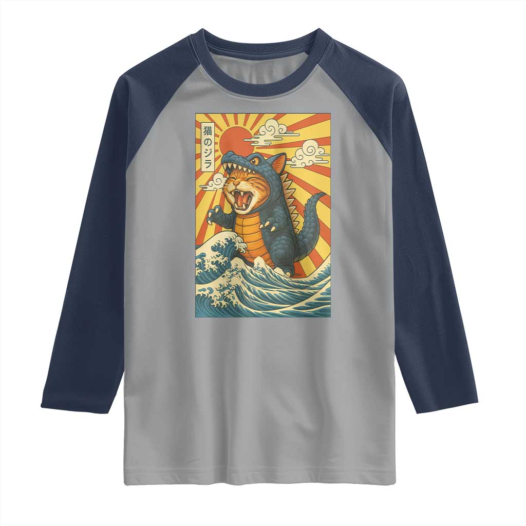 Kawaii Cat Monster Japanese Sun Wave Art Raglan Shirt TS12 Sport Gray Navy Print Your Wear