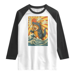 Kawaii Cat Monster Japanese Sun Wave Art Raglan Shirt TS12 White Black Print Your Wear