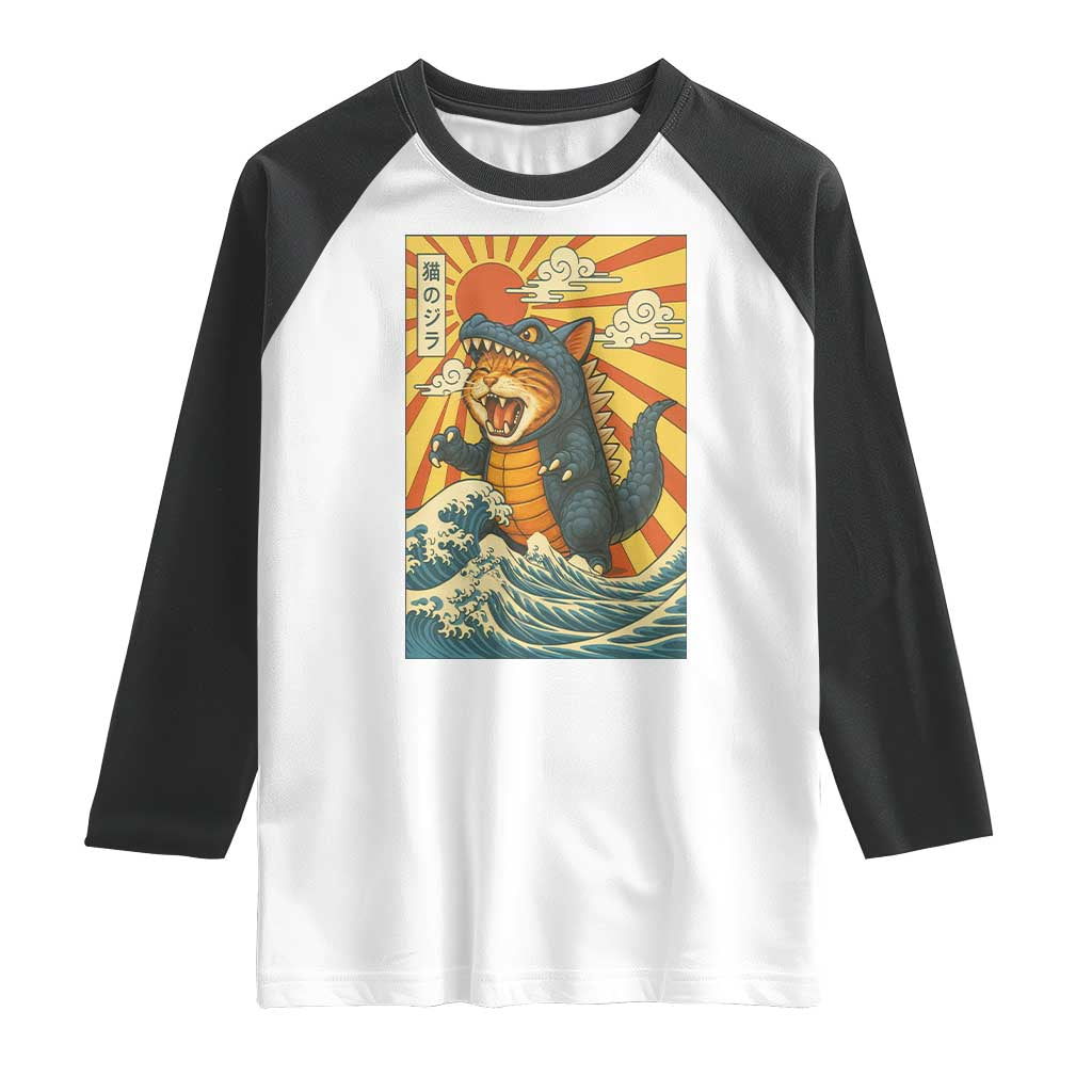 Catzilla Raglan Shirt Kawaii Cat Monster Japanese Sun Wave Art TS12 White Black Print Your Wear